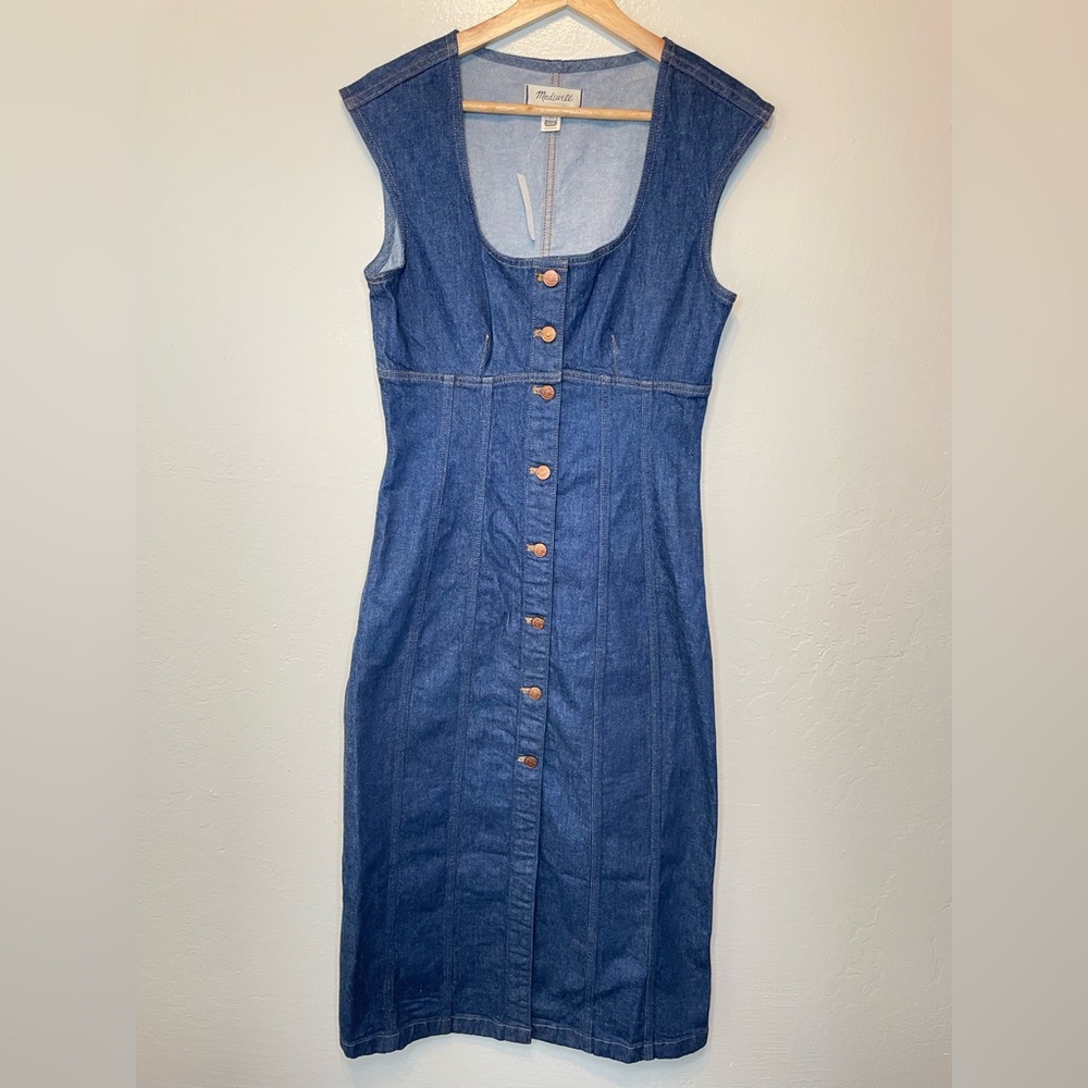 Madewell blue square neck cap sleeve midi denim dress